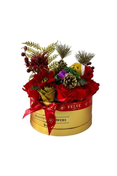 velve Aranjament floral de Crăciun cu trandafiri din săpun, ursuleț de pluș, ...