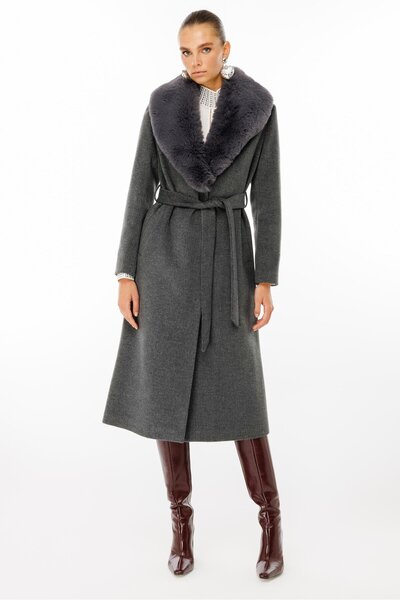 Nefeli Yaka Kürk Detaylı Bel Kuşaklı Kaşe Kaban KOYU GRİ