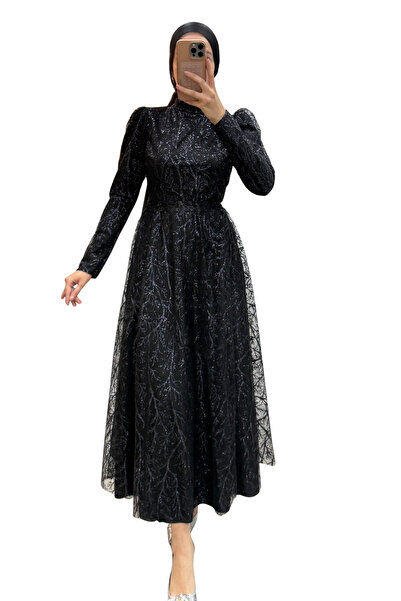 Tesettür Diyarı Kadın Payet Pul Ve Simli Abiye - Siyah