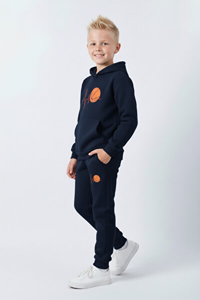 FYK KİDS 3 İplik Ş επένδυση fleece Winter Pulse Basketball B με τύπωμα Kangaroo Pocket K με κουκούλα Σετ αθλητικής φόρμας για αγόρια