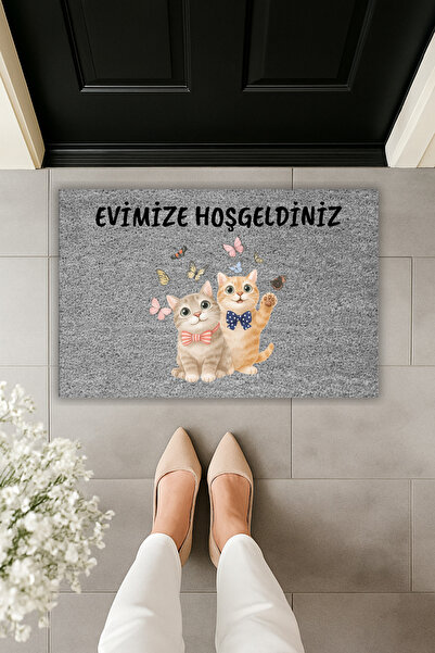 Dormot Modern Dijital Baskı Paspas - Evimize Hoşgeldiniz Kedi Kelebek Kapı Ön...