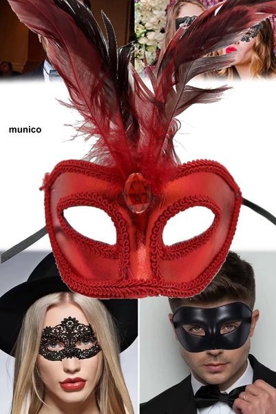 Munico Kırmızı Rugan Parti Maskesi – Tüylü, Lastikli Hallowen Maskeli Balo ve...