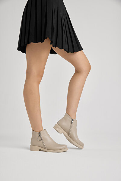 Tonny Black Kadın Bej Cilt Kalın Termo Taban Yanı Fermuar Detaylı Bot