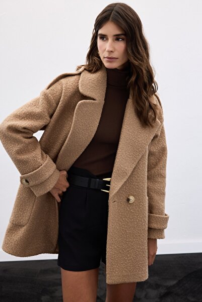 Sateen Palton scurt Buklet - Camel