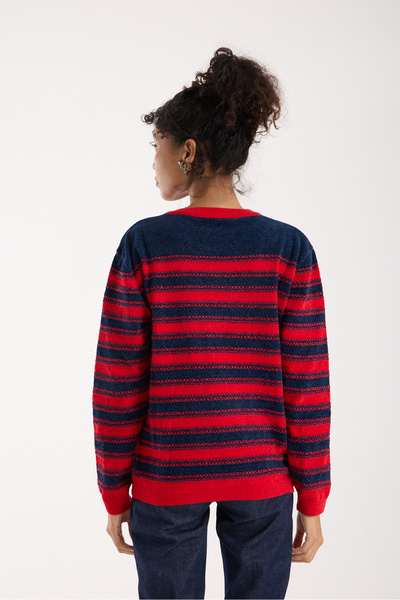 Clothes Fast Women's Navy-Red Striped Cross Contrast Stitching Detailed Chenille Velvet Knitwear Blouse