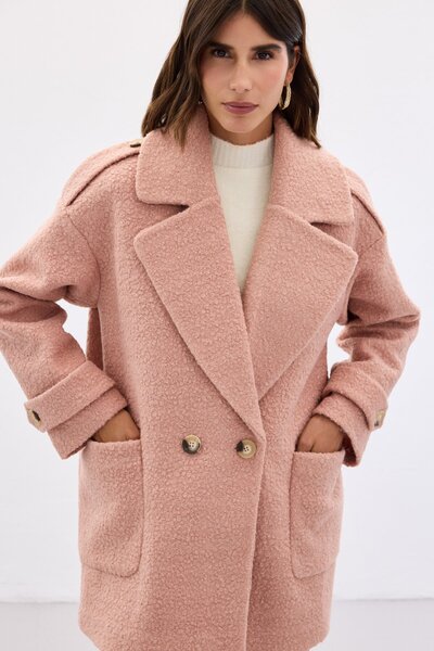 Sateen Buklet Kısa Kaban - Pudra