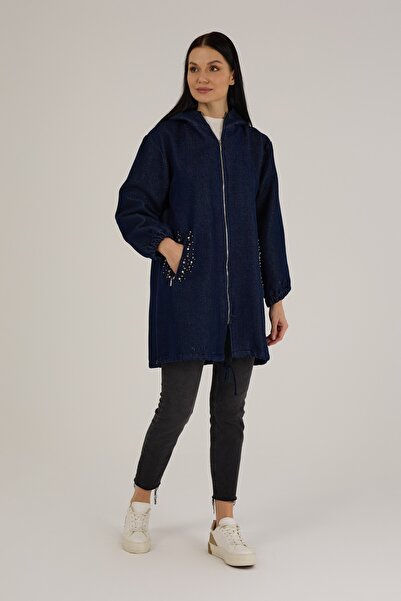 Jupe Kadın Kendinden Simli Taş Detaylı Denim Kap 9276