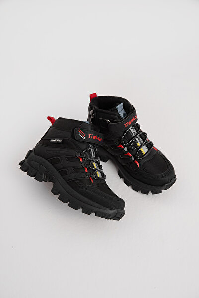 Tonny Black Çocuk Unisex Siyah Kırmızı Kalın Kauçuk Taban Lastik Bağcıklı Cırtlı Outdoor Trekking Bot