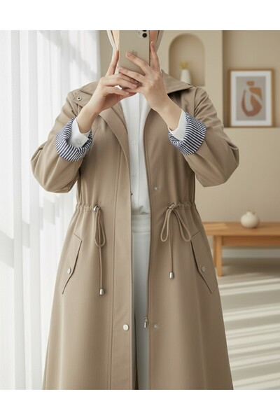 MissRunin Tünel Bağcıklı Üst Cep Detaylı Astarsız Yıkamalı Organik Koton Trenckot