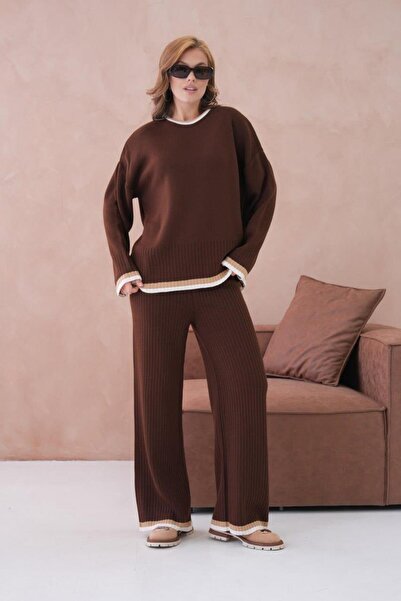 Işşıl 12227-Striped Knitwear Suit with Crew Neck and Trousers