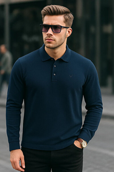 Maccali Чоловіча базова повсякденна футболка з довгими рукавами та коміром-поло синього кольору