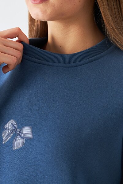 The Champ Clothing Kadın Oversize Sweatshirt How Lucky Are We Baskılı Marine – Bisiklet Yaka, 3 İplik Şardonlu Polar