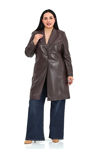 DISENTIS MODEST Plus Size Pocketed Button Closure Lined Faux Leather Dark Brown Coat