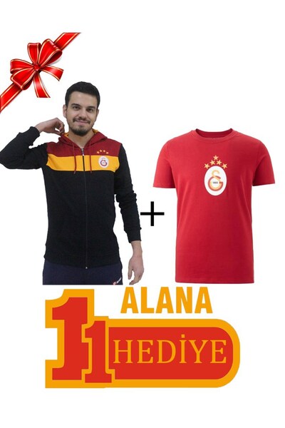 Galatasaray Orijinal Siyah Ceket 5 Yıldız Kırmızı T-Shirt Hediyeli