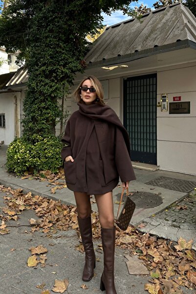 Laluvia Brown Shawl Detailed Coat - 7600