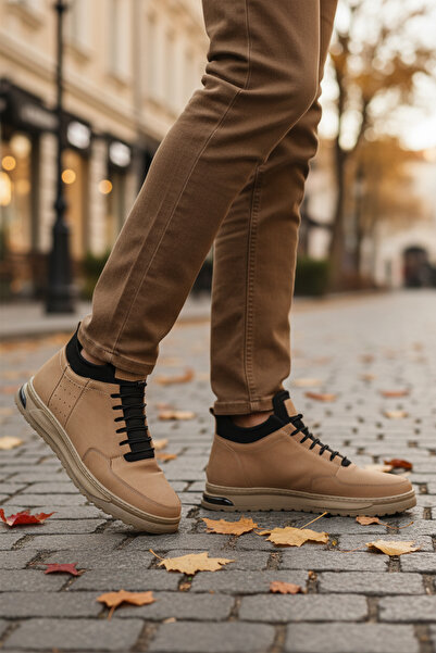 AYAKMOD Sand Nubuck Genuine Leather Sheepskin Rubber Laced Men's Boots 727 m