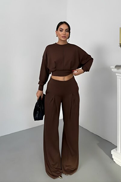spirituel Women's Two-Piece Bottom Top Set Modal Fabric Off-Shoulder Crew Neck Crop Top Pleated High Waist Wide Leg Pants