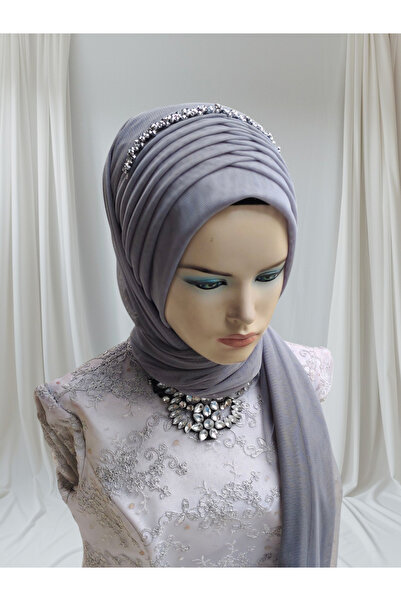 Nuray hazır duvak Dark Gray Stretch Fabric Fabric Ready-Made Veil Ready-Made Shawl Ready-Made Turban with Accessories