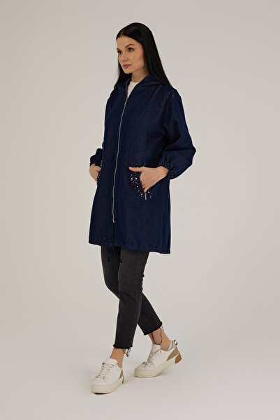 Jupe Kadın Kendinden Simli Taş Detaylı Denim Kap 9276