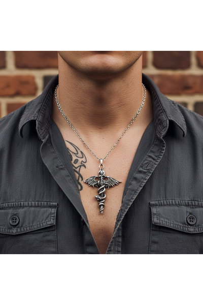 Alooya Gotik - Kılıç Yılan Yarasa Gümüş Kaplama Düz Zincir Kolye