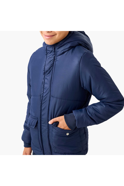 Juniors Solid Hooded Jacket with Long Sleeves