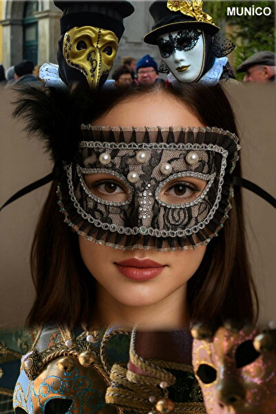 Munico 3 Adet Yandan Tüylü Siyah Maske Dantel Kaplama İnci ve Taş Detaylı Mas...