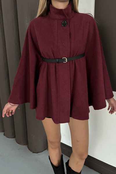 The Robi Belt Detailed Cashmere Burgundy Poncho