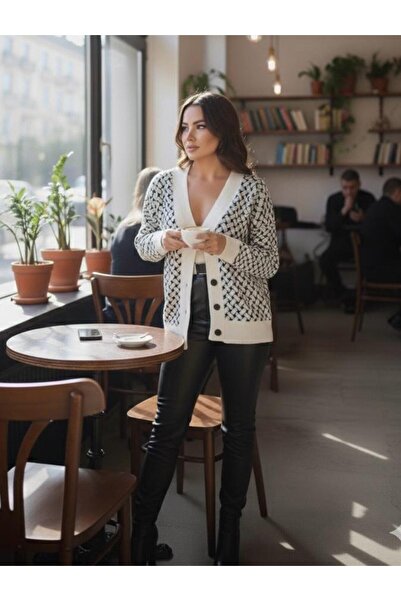 Cockatoo Patterned Buttoned Model Woven Detailed Long Sleeve Knitwear Cardigan