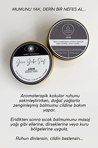 KUBEY NATURALS Arın-Gece Gibi Saf-Biberiye & Nane %100 Soyawax Aromaterapi Bakım Mumu- Zeytinyağı +E Vitamini