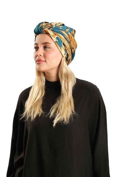 HÜRREM BONE Petrol Mavisi Pratik Hazır Geçmeli Tesettür Bone İpek Desenli 241...