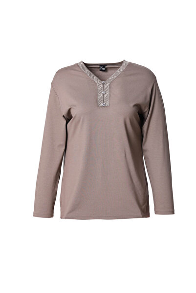 Trikolay Büyük Beden Kadın 3 Düğmeli Triko Yaka Uzun Kollu Penye Bluz