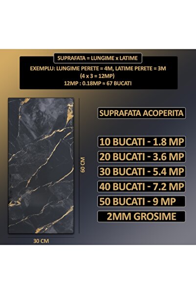 NEXTLY Set tapet adeziv cu aspect de marmură, impermeabil și rezistent la căldură, 10 bucăți, 30x60cm, negru