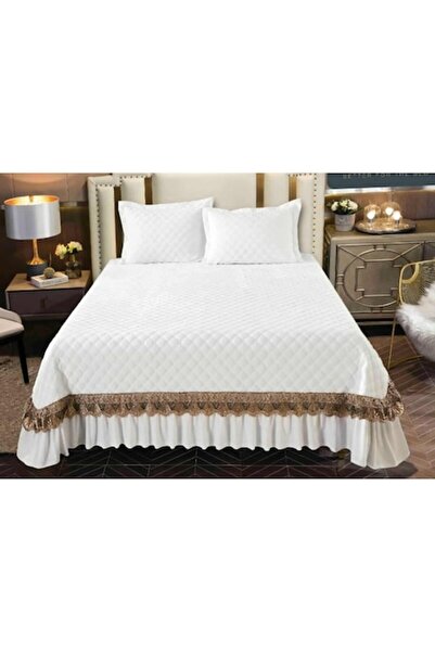 OEM CHIRASO Elegant Velvet Bedspread Set, 3 Pieces, 220x240+27 cm, with 2 Pillowcases 50x70+5 cm, White