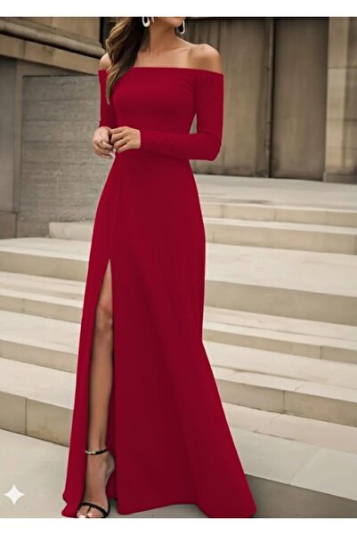 Kokosh moda Women's Long Sleeve Madonna Collar Slit Detailed Long Crepe Dress