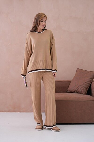 Işşıl 12227-Striped Knitwear Suit with Crew Neck and Trousers