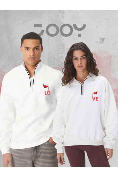 Jooy Love Baskılı Yarım Fermuarlı Sweatshirt Sevgili Çift Kombini Beyaz 2'li Set
