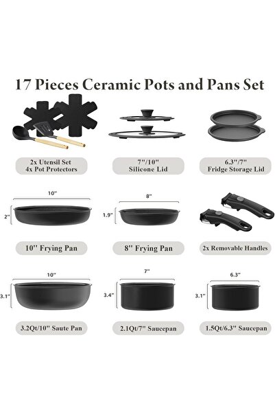 Generic Bazova 17-Piece Non-Stick Ceramic Cookware Set, Healthy & Non-Toxic, Removable Handles