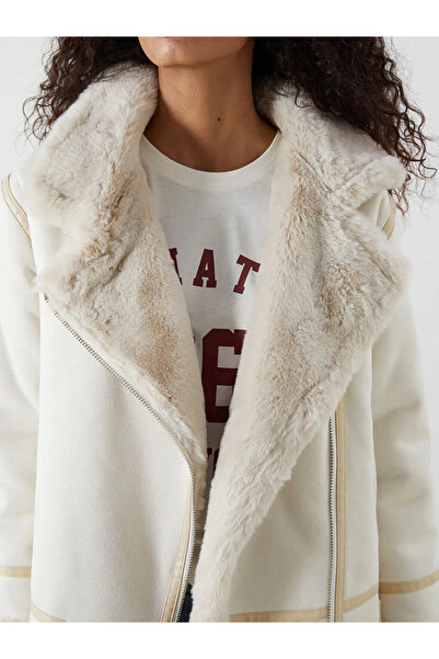 LC Waikiki Xside Beige Fur Collar Women's Suede Look Coat