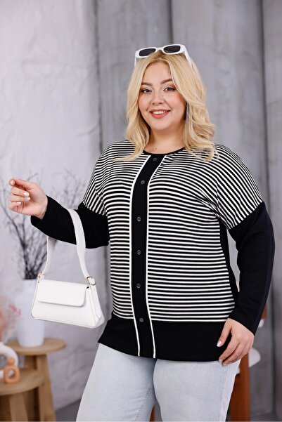 Siyezen Plus Size Striped Button down Blouse