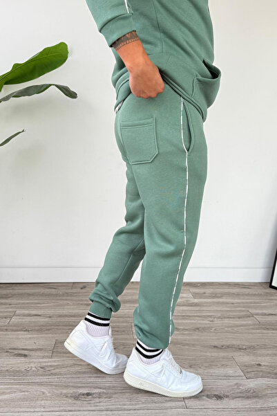 Tarz Cool Ανδρικό σετ με κουκούλα τσέπες καγκουρό με ρέλι στο κάτω μέρος, νεροπράσινο