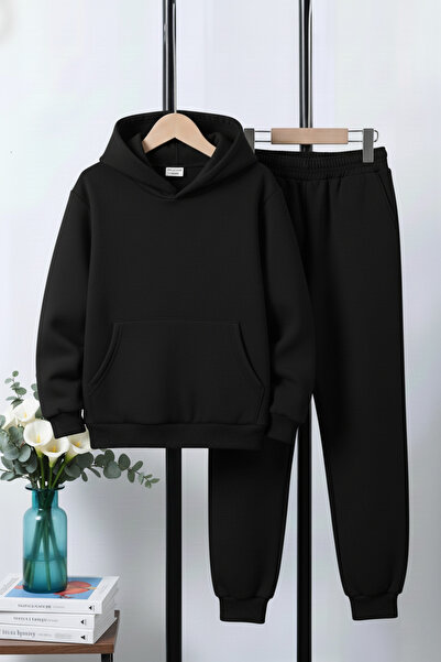 FYK KİDS 3 Thread Ş επένδυση fleece Χοντρό ίσιο χωρίς στάμπα με τσέπη καγκουρό K με κουκούλα Σετ αθλητικής φόρμας για αγόρια 4 τεμαχίων