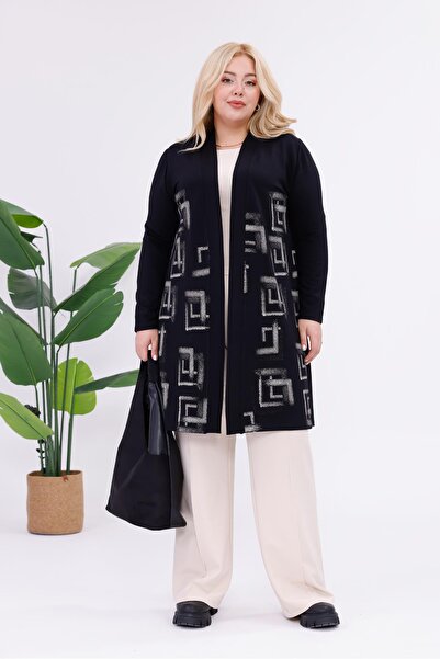 Siyezen Plus Size Bearded Sequin Zippered Cardigan