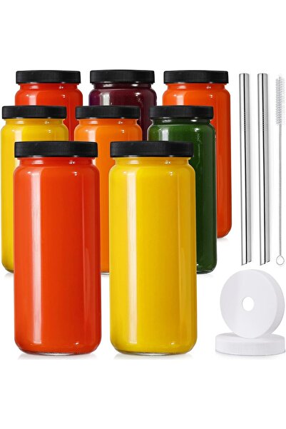 AOZITA عبوة من 8 زجاجات عصير زجاجية مع ماصتين وأغطية ذات فتحتين - برطمانات شر...