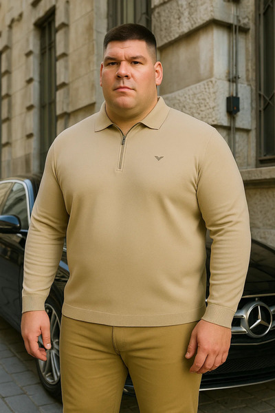 Maccali Men's Basic Plus Size Cream Zippered Sweatshirt