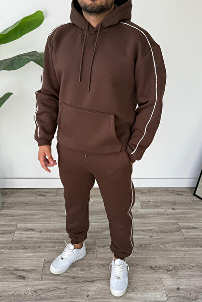 Tarz Cool Men's Hooded Kangaroo Pocket Piped Bottom Top Set Brown
