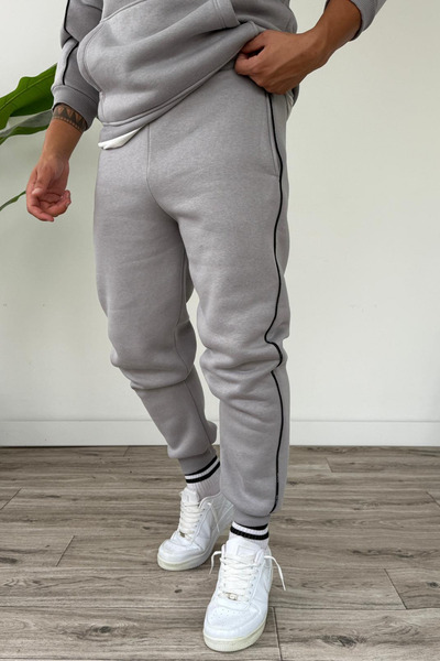 Tarz Cool Men's Hooded Kangaroo Pocket Piped Bottom Top Set Gray