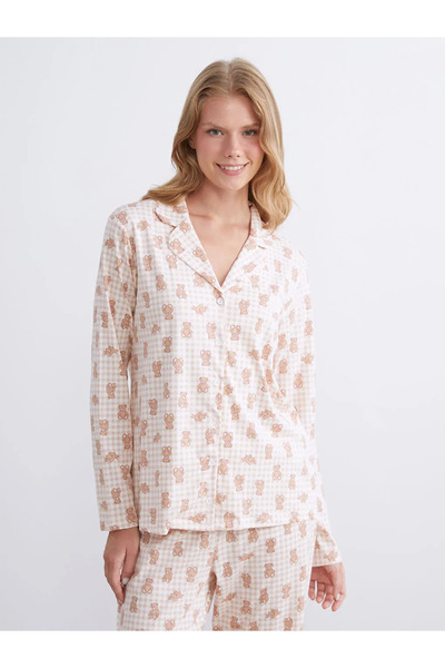 LC Waikiki LCW Young Pembe Gömlek Yaka Ayı Teddy Baskılı Penye Kadın Pijama T...