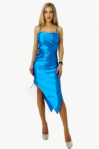 FashionForYou Rochie Elysium, asimetrica, cu bretele subtiri, Albastru