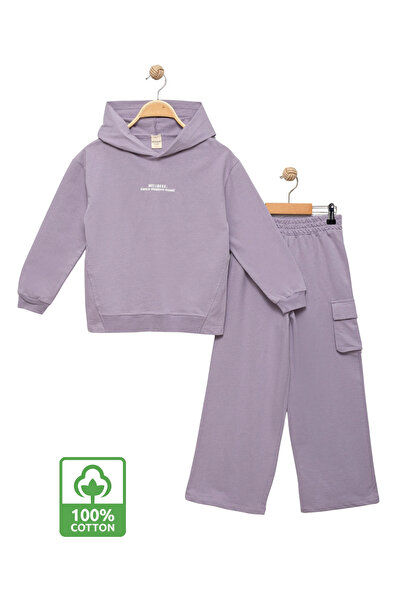Divonette Σετ αθλητικής φόρμας για κορίτσια 100% βαμβακερό με κουκούλα φαρδύ πόδι λιλά