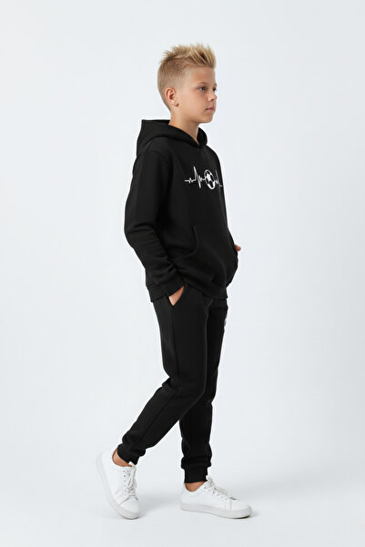 FYK KİDS 3 İplik Ş επένδυση fleece Winter Pulse Football B με τύπωμα Kangaroo Pocket K με κουκούλα Σετ αθλητικής φόρμας για αγόρια